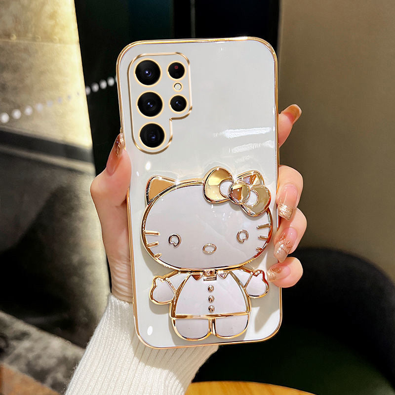 Cute cat makeup mirror holder protective Casefor Samsung S22 S23 S24 Plus Ultra