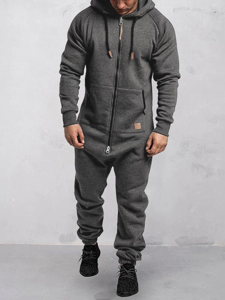 Hooded Fleece Solid Color Jumpsuit