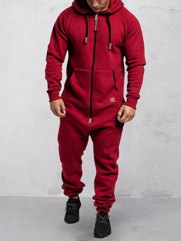 Hooded Fleece Solid Color Jumpsuit