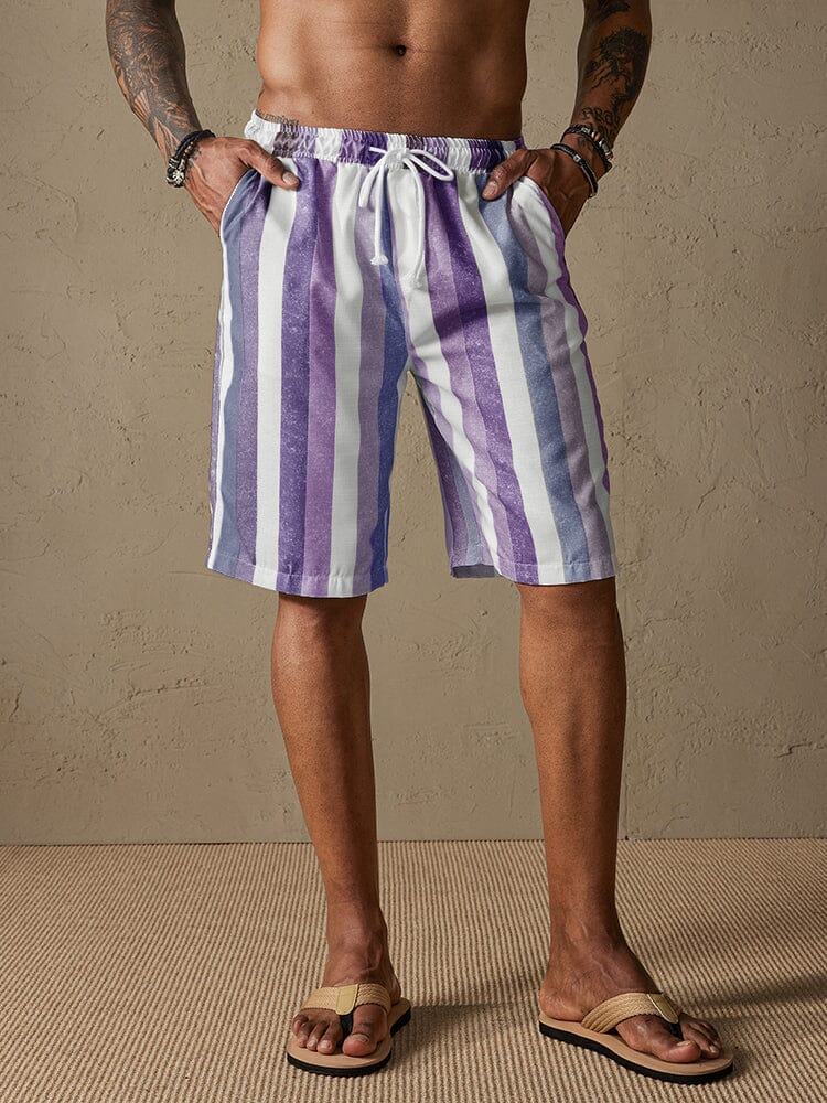 Stripe Drawstring Cotton Linen Beach Shorts