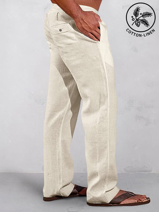 Casual Solid Elastic Waist Cotton Linen Straight Pants