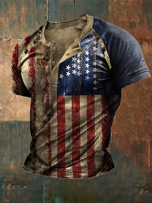 Men's Vintage Patchwork Flag Independence Day Henley Neck T-Shirt