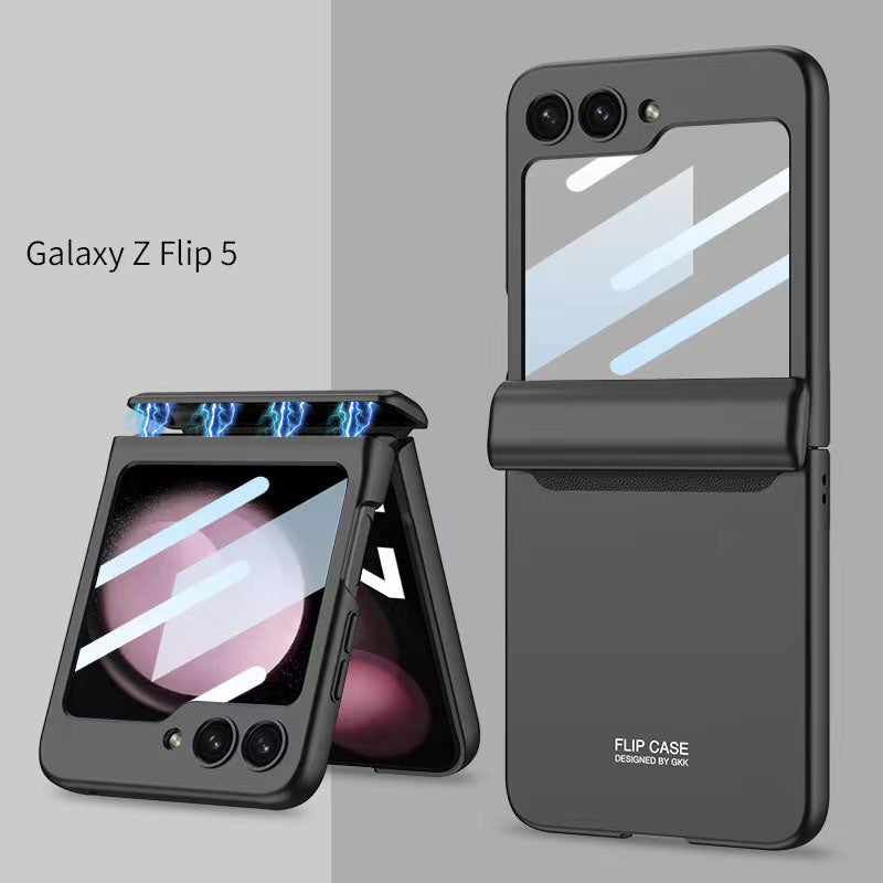 Magnetic Samsung Galaxy Z Flip 5 Hinge Full Coverage Phone Case with Front Screen Tempered Glass Protector