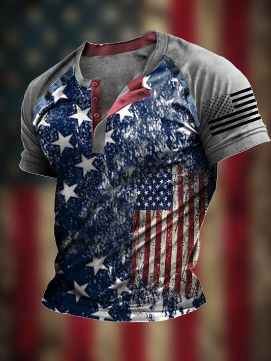 Men's Vintage Patchwork Flag Independence Day Henley Neck T-Shirt