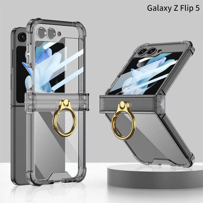 Samsung Galaxy Z Flip 5 Hinge Full Coverage Airbag Phone Case with Ring Front Screen Tempered Glass Protector
